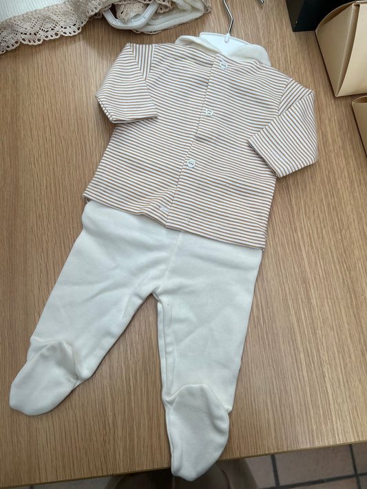 Baby boy tan striped two piece set.