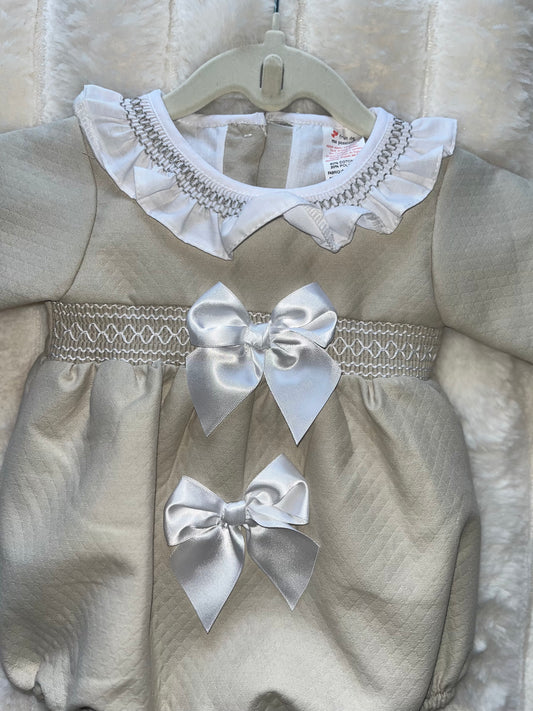 Girls Beige Double Bow Romper