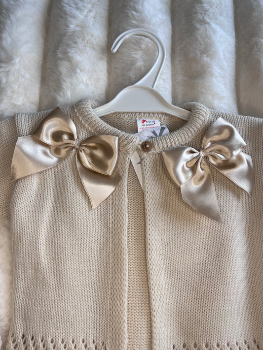 Girls Beige Double Bow Cardigan - 12 months