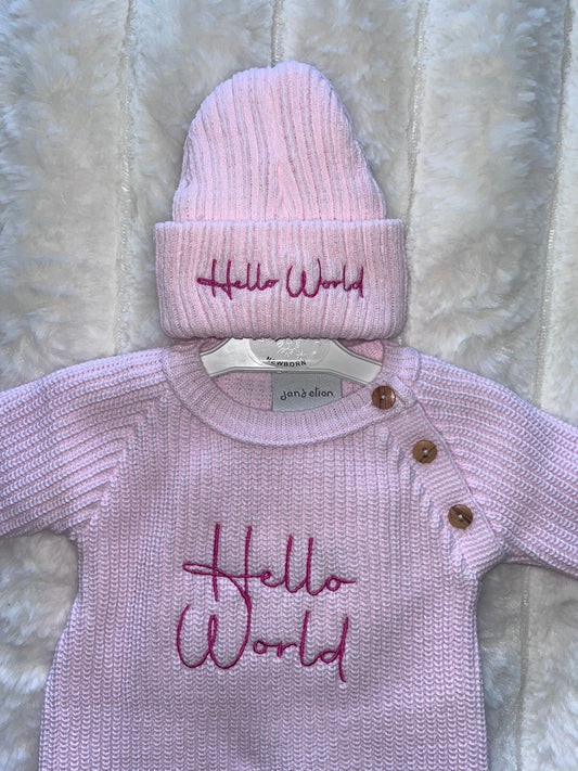 Girls Pink Knitted 2 Piece ‘ Hello World’ Set