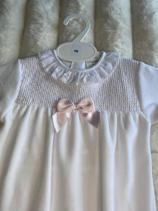 Girls White Velour Smock With Bow Sleepsuit