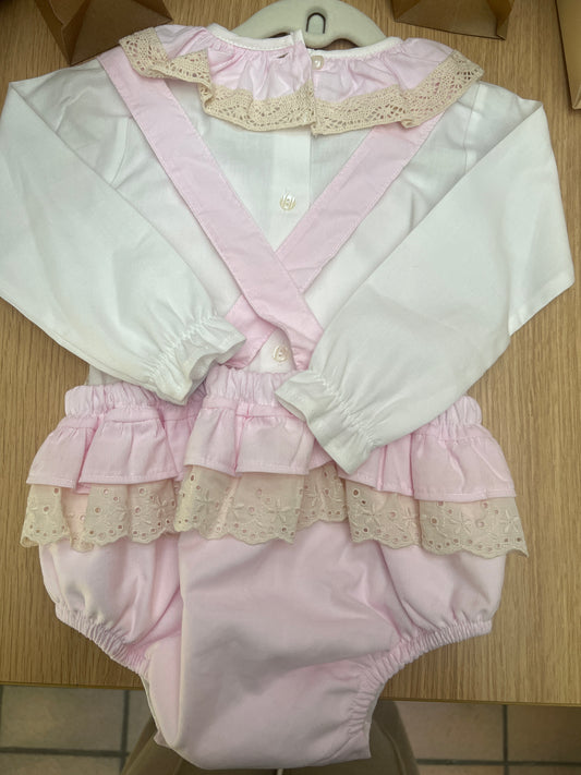 Pink and beige frilled romper two piece.