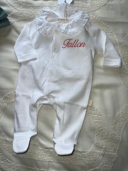 Girls Personalised Frill Sleepsuit.
