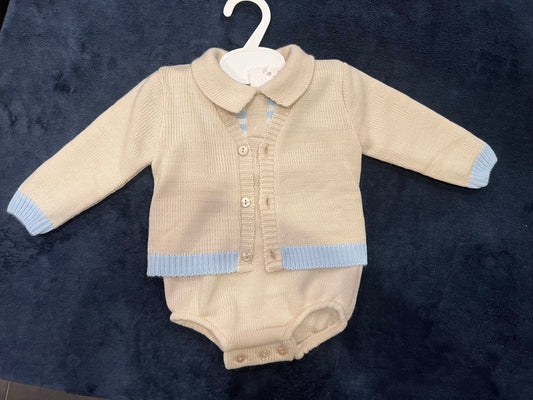 Beige & Blue Romper With Matching Cardigan