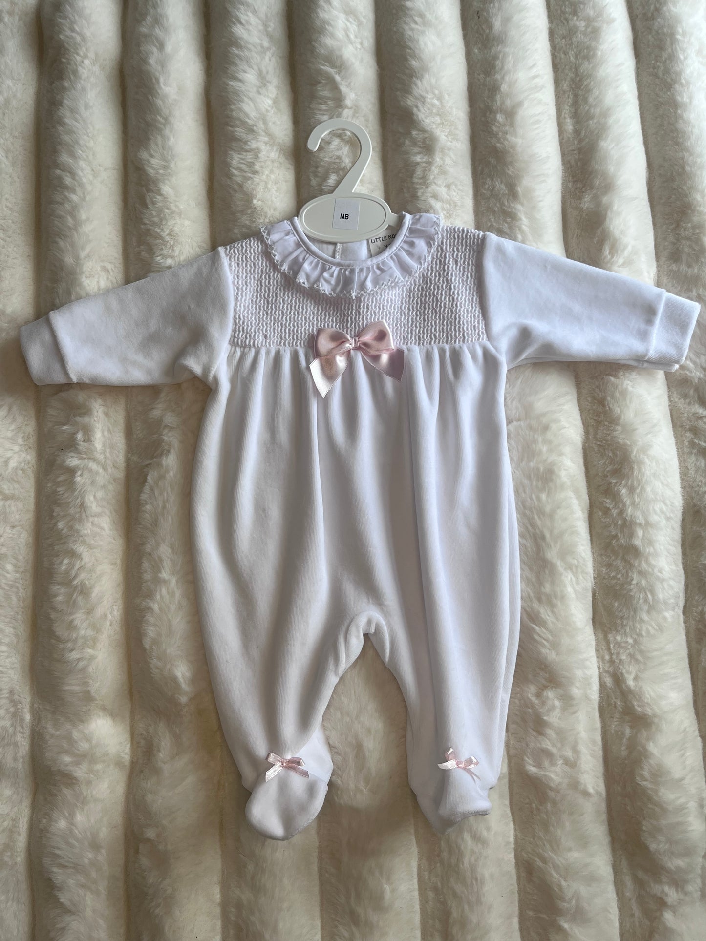 Girls White Velour Smock With Bow Sleepsuit