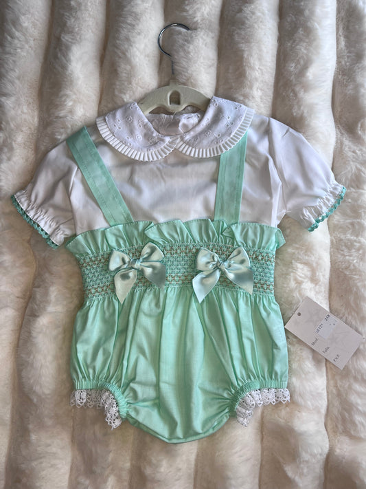 Girls Mint Double Bow Romper Set