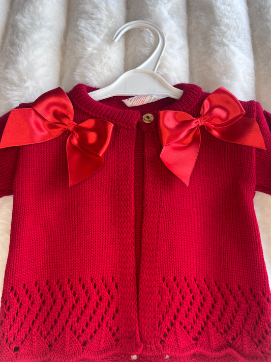 Girls Red Double Bow Cardigan