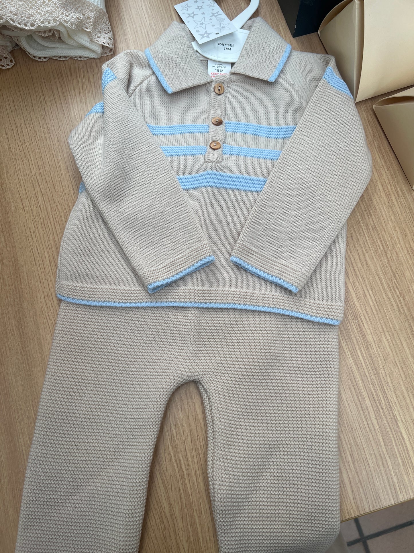 Boys beige with blue striped loungewear set.