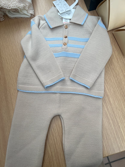 Boys beige with blue striped loungewear set.