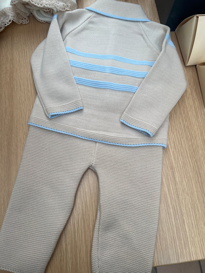 Boys beige with blue striped loungewear set.