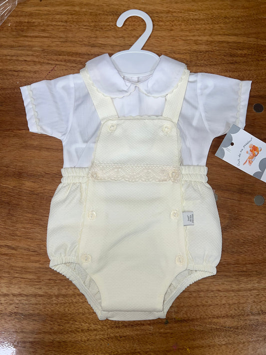 Boys cream short sleeved romper suit.