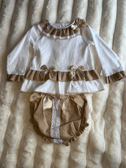 Girls Beige Double Bow 2 Piece Set