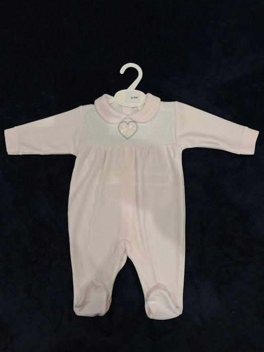 Pink velour smock heart chest suit