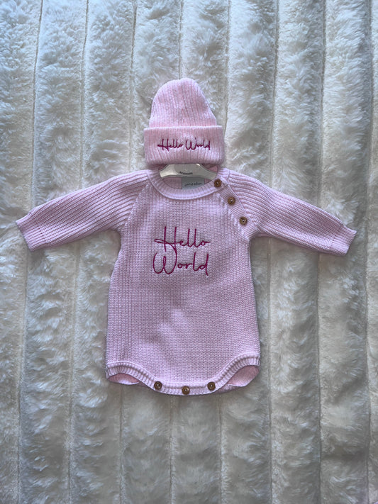 Girls Pink Knitted 2 Piece ‘ Hello World’ Set