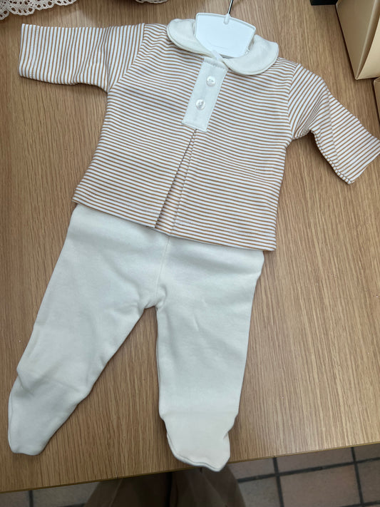 Baby boy tan striped two piece set.