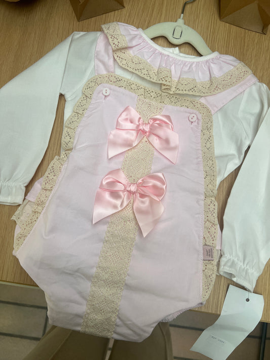 Pink and beige frilled romper two piece.