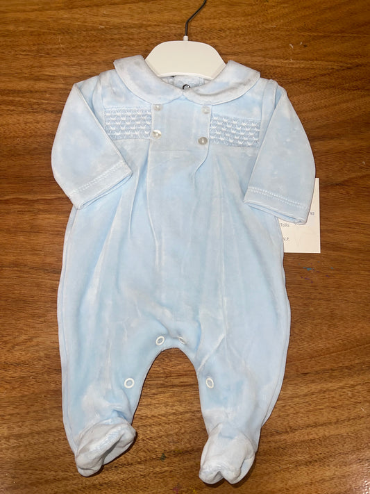 Boys blue velour smock buttoned sleepsuit