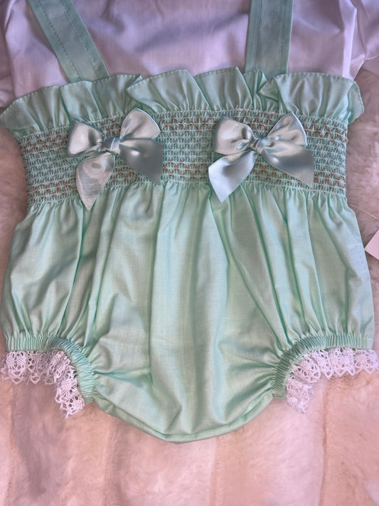 Girls Mint Double Bow Romper Set