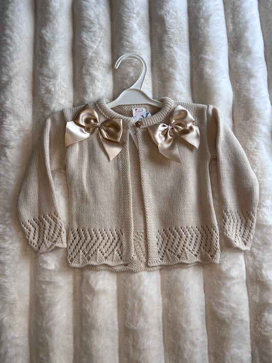 Girls Beige Double Bow Cardigan - 12 months