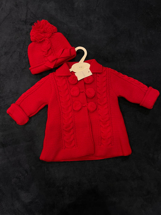 Red Girls cable knit coat and matching bow hat
