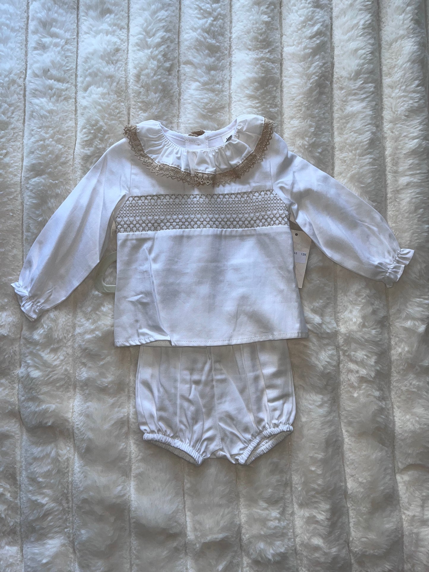 Girls Beige Smock Frill 2 Piece Set