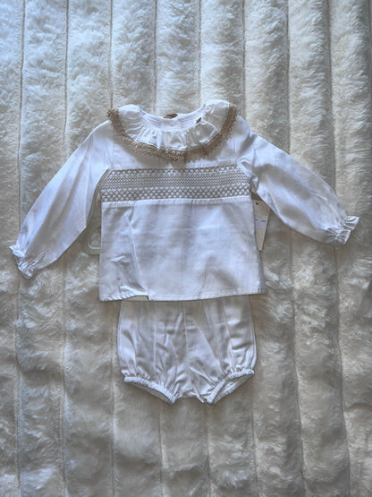 Girls Beige Smock Frill 2 Piece Set