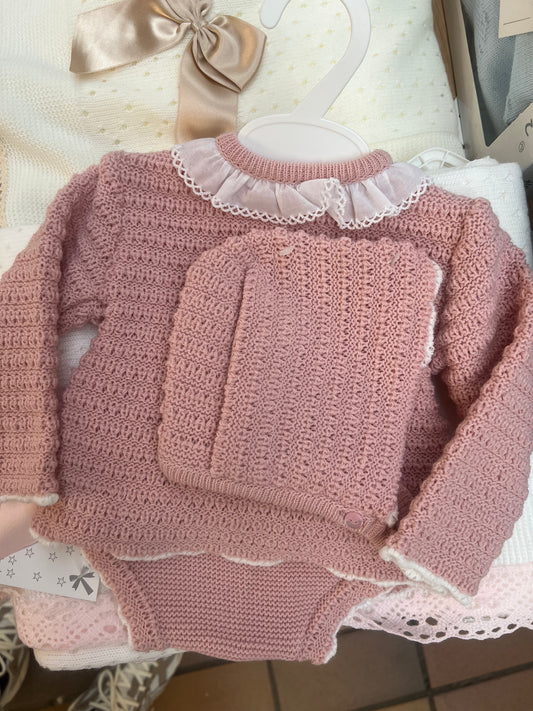 3 piece knitted blush set with bonnet.